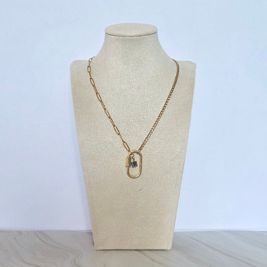 Collier Œil Bleu double chaîne acier et or pierre bleue Naash Jewelry