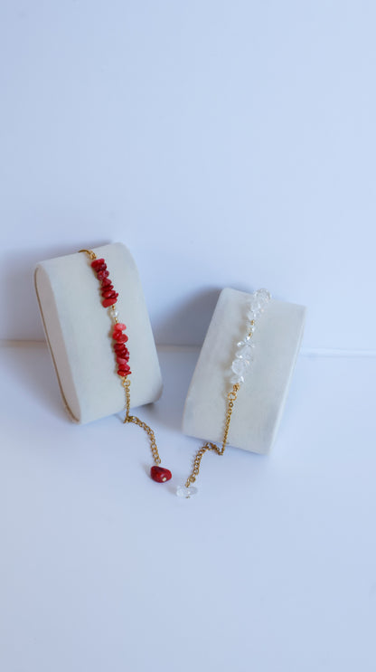 deux bracelets Néréides corail bamboo et quartz transparent 