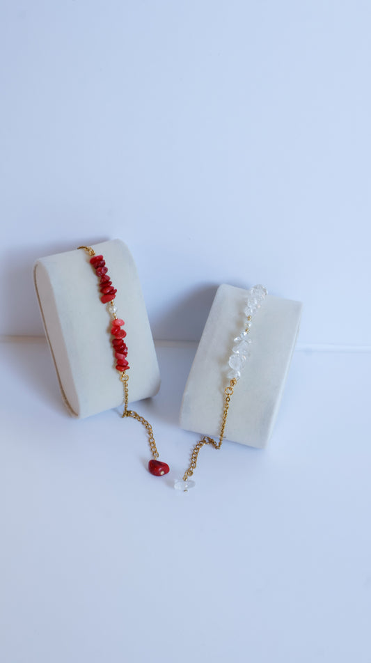 deux bracelets Néréides corail bamboo et quartz transparent 
