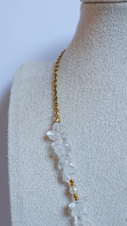 Chaîne en acier inoxydable 316L, quartz cristal, perles blanches et dorées